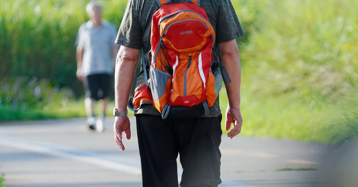 Senior man with backpack walking on a sunny urban trail, showcasing outdoor lifestyle.