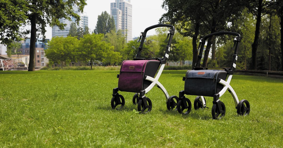 Two rollators in an urban park with city skyline, showcasing modern mobility aids.