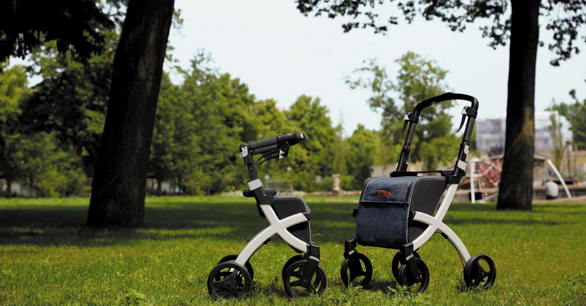 Two modern rollators on a grassy park in summer.