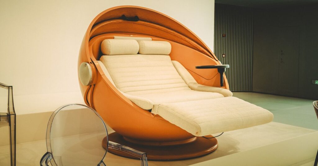 A modern and futuristic relaxation chair in a stylish indoor environment, perfect for contemporary interiors.